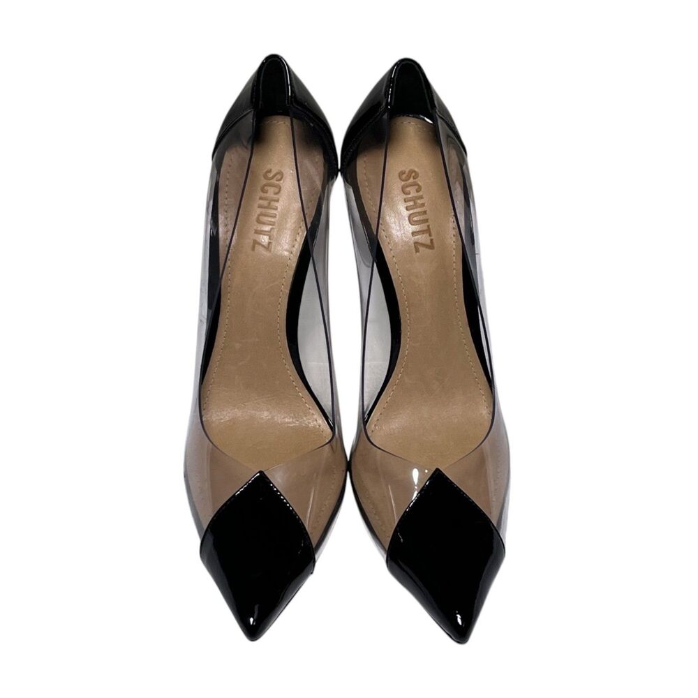 Schutz Cendi Clear PVC Black Patent Leather Pointed Toe Stiletto Pumps 8.5B - Picture 2 of 12
